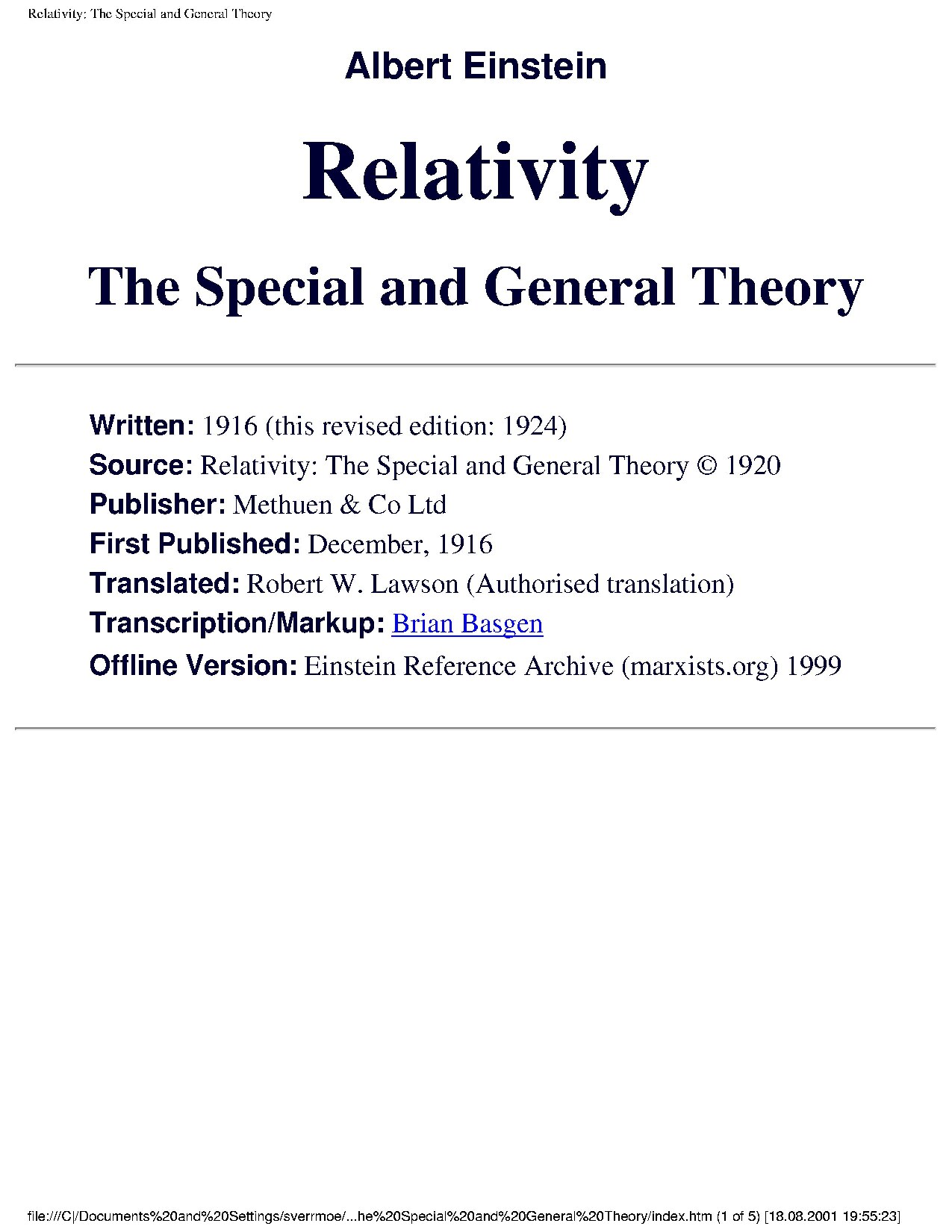 Relativity The Special and the General Theory